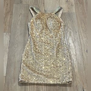 La Femme Gold Sequin Cocktail Dress 0